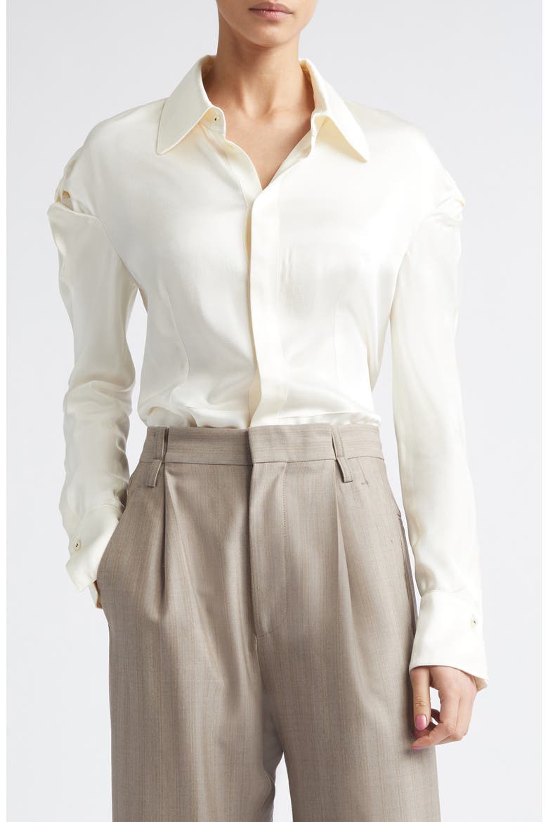Twisted Shoulder Satin Button-Up Shirt, Main, color, IVORY