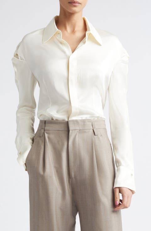 Twisted Shoulder Satin Button-Up Shirt