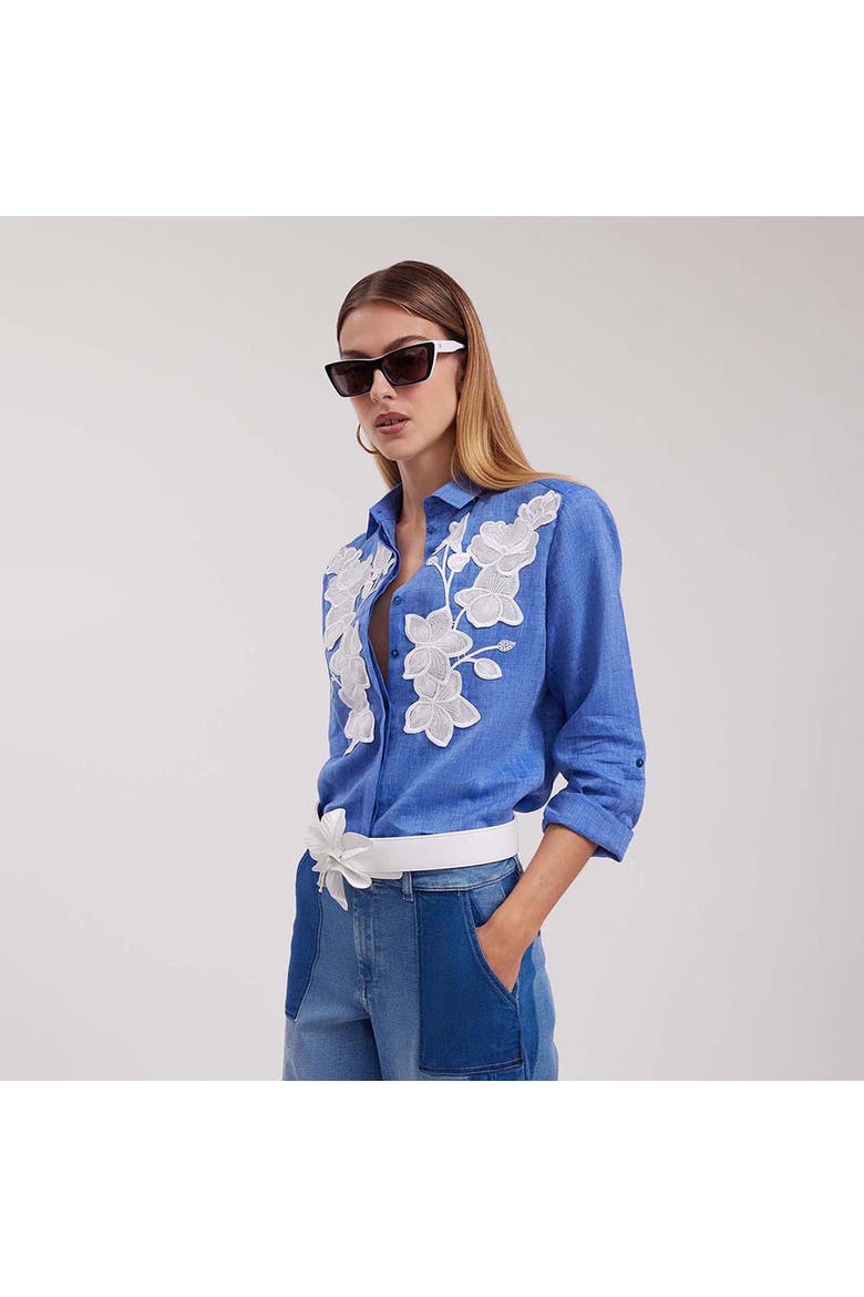 Women's Shirt  Citron Blue Linen Shirt With White Floral Applique, Alternate, color, Denim Blue