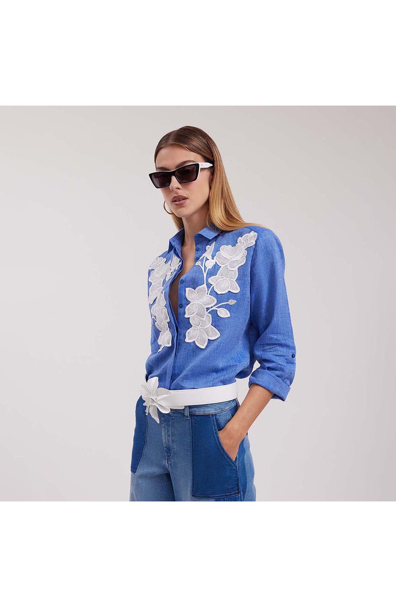 Anne Fontaine Women's Shirt Citron Blue Linen Shirt With White Floral Applique, Alternate, color, Denim Blue