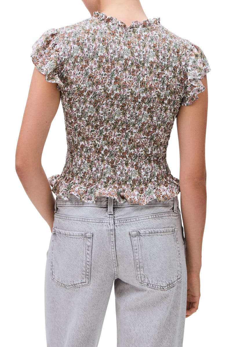 MANGO TEEN Floral Cap Sleeve Smocked Crop Top, Alternate, color, Off White