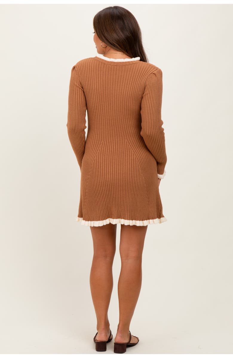 PinkBlush Ribbed Knit Contrast Ruffle Trim Mini Dress, Alternate, color, Camel
