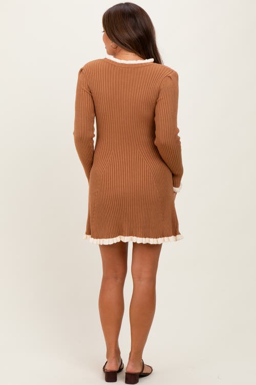 Pinkblush Ribbed Knit Contrast Ruffle Trim Mini Dress In Brown