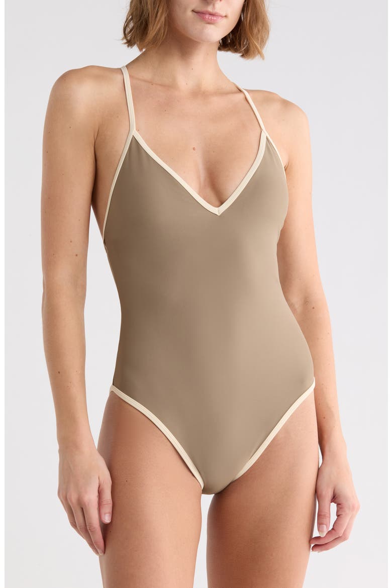 Contrast V-Neck One-Piece Swimsuit, Main, color, TAUPE HAZE