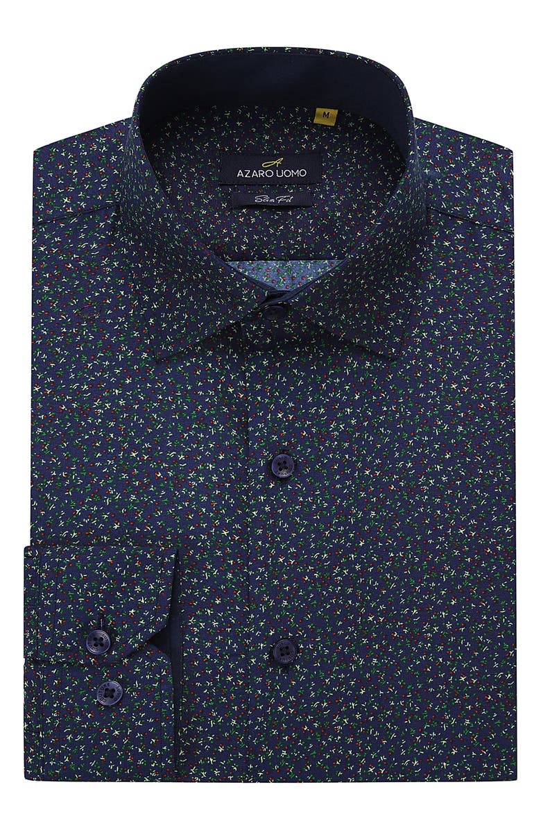 Azaro Uomo Slim Fit Flower Print Performance Button-Up Shirt, Alternate, color, Navy