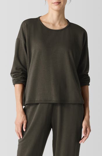 Eileen Fisher Cozy Brushed Terry Hug Round Neck Box-top In Green