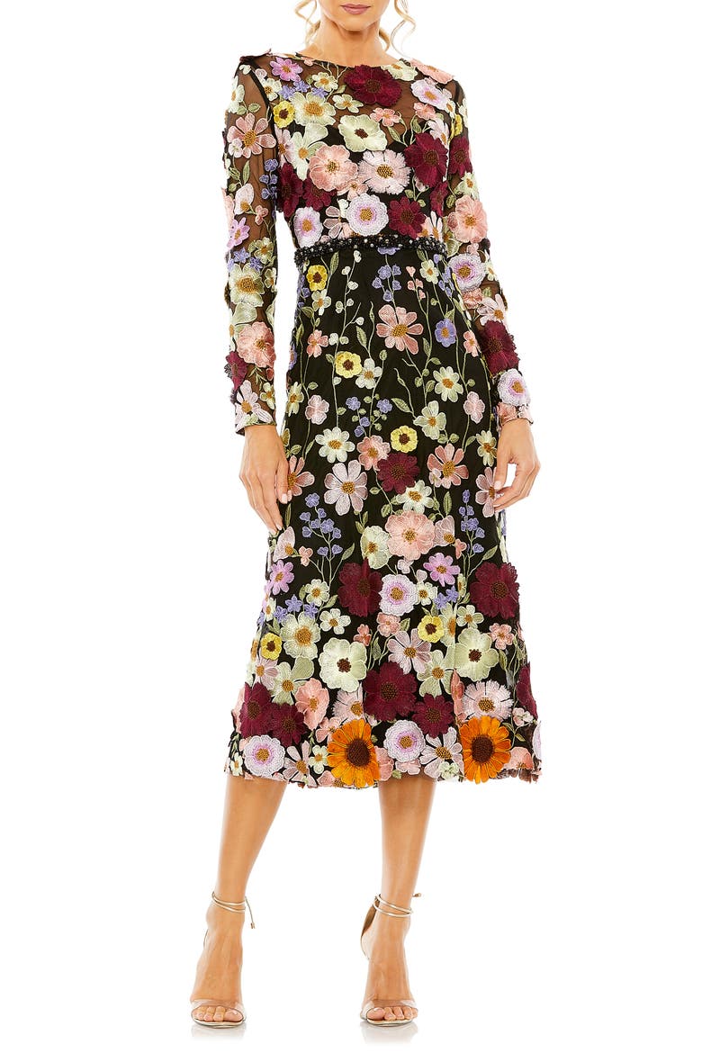 Hand Stitched Floral Embellished High Neck A-Line Dress, Main, color, BLACK MULTI