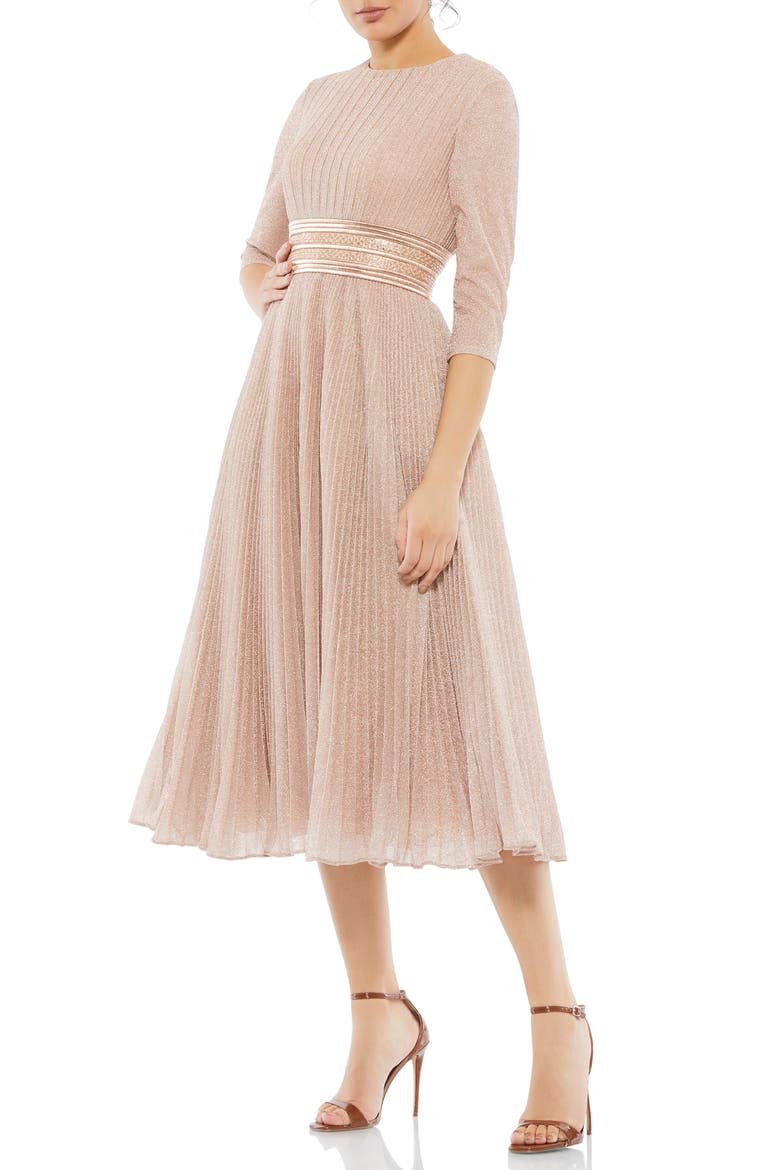 Shimmering 3/4 Sleeve A-Line Midi Dress, Main, color, ROSE GOLD