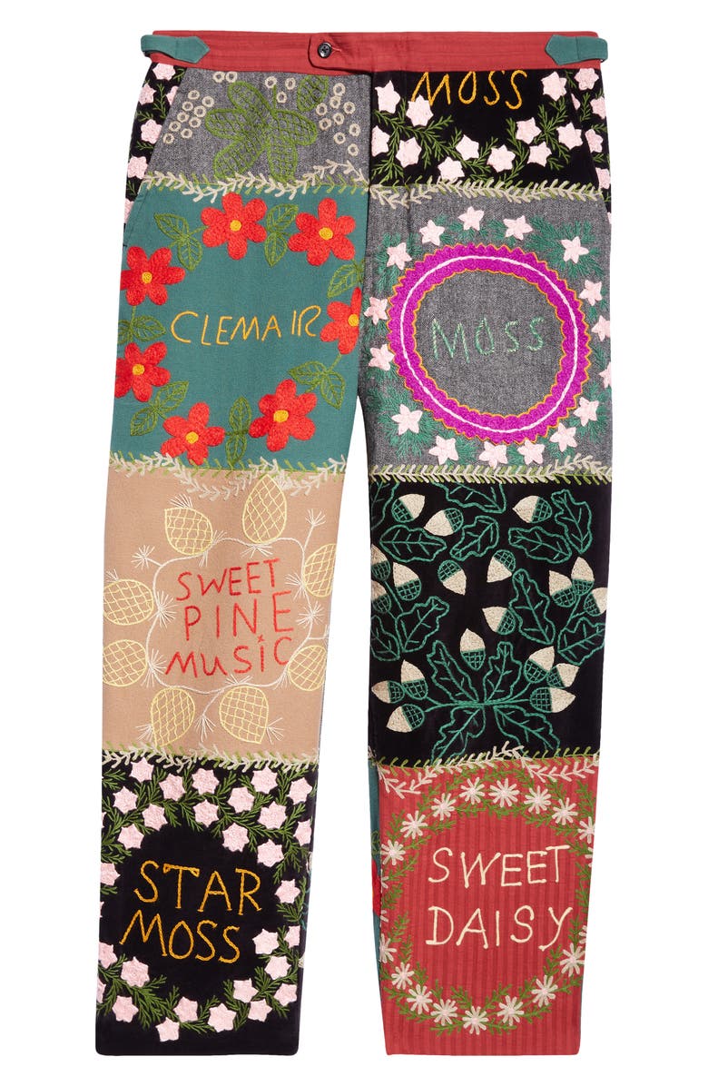 Bode Floral Genus Embroidered Patchwork Wool & Cotton Straight Leg Pants, Alternate, color, 