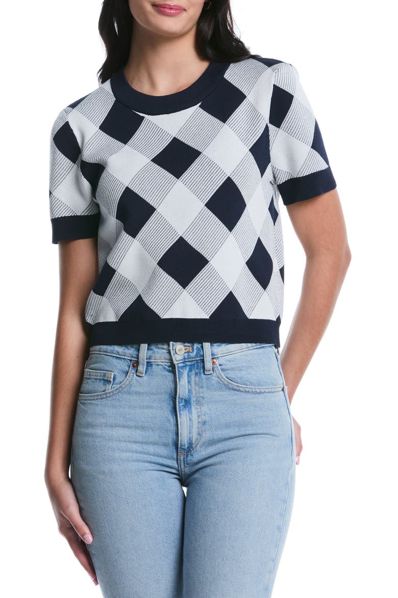Short Sleeve Check Knit Top, Main, color, PEACOAT