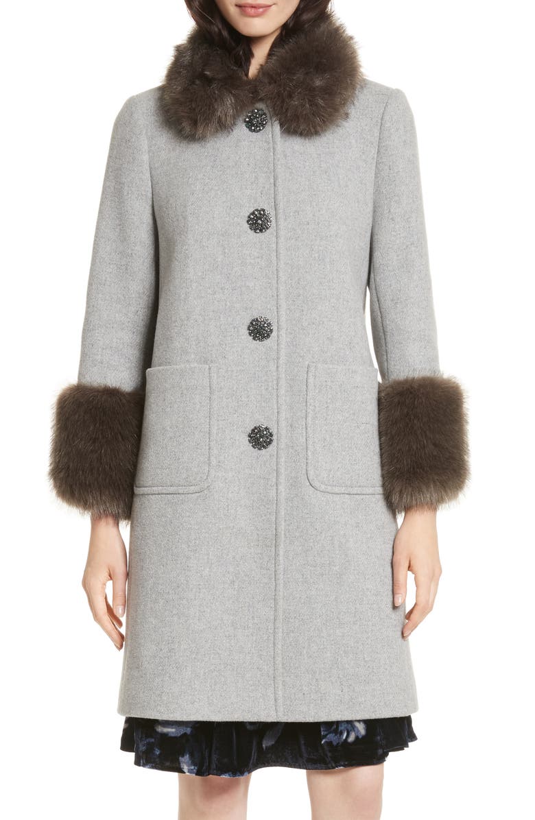 Kate Spade New York faux fur trim coat, Main, color, 