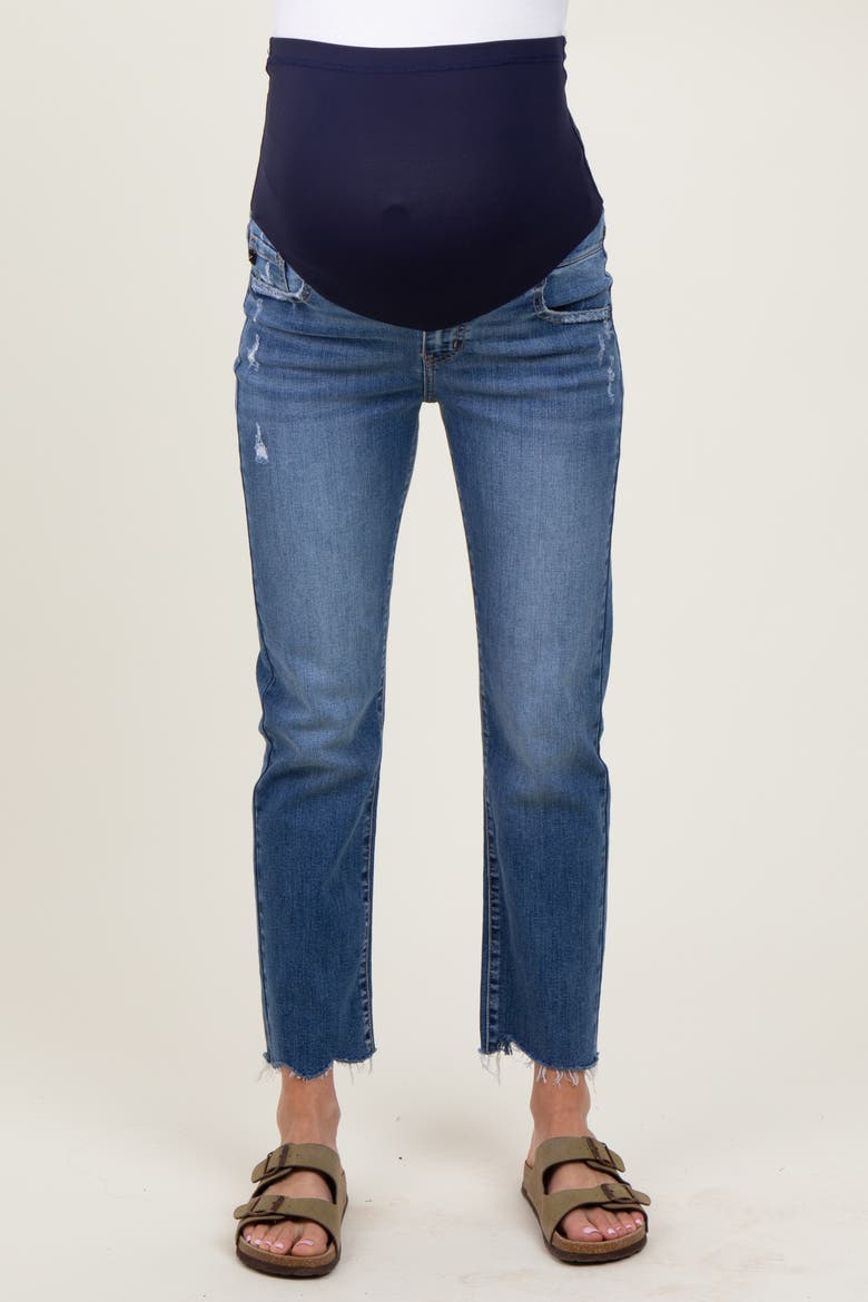 Distressed Raw Hem Slim Straight Maternity Jeans, Alternate, color, Blue