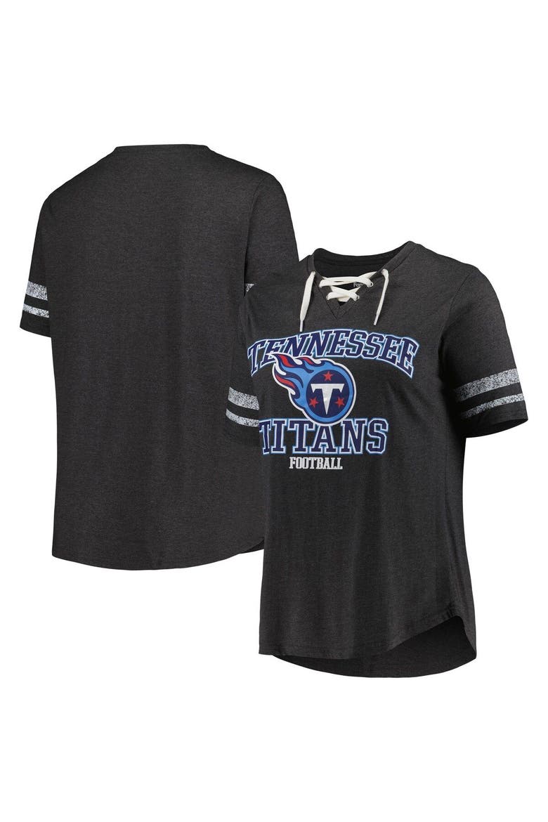 Women's Fanatics Branded Heather Charcoal Tennessee Titans Plus Size Lace-Up V-Neck T-Shirt, Main, color, Heather Charcoal