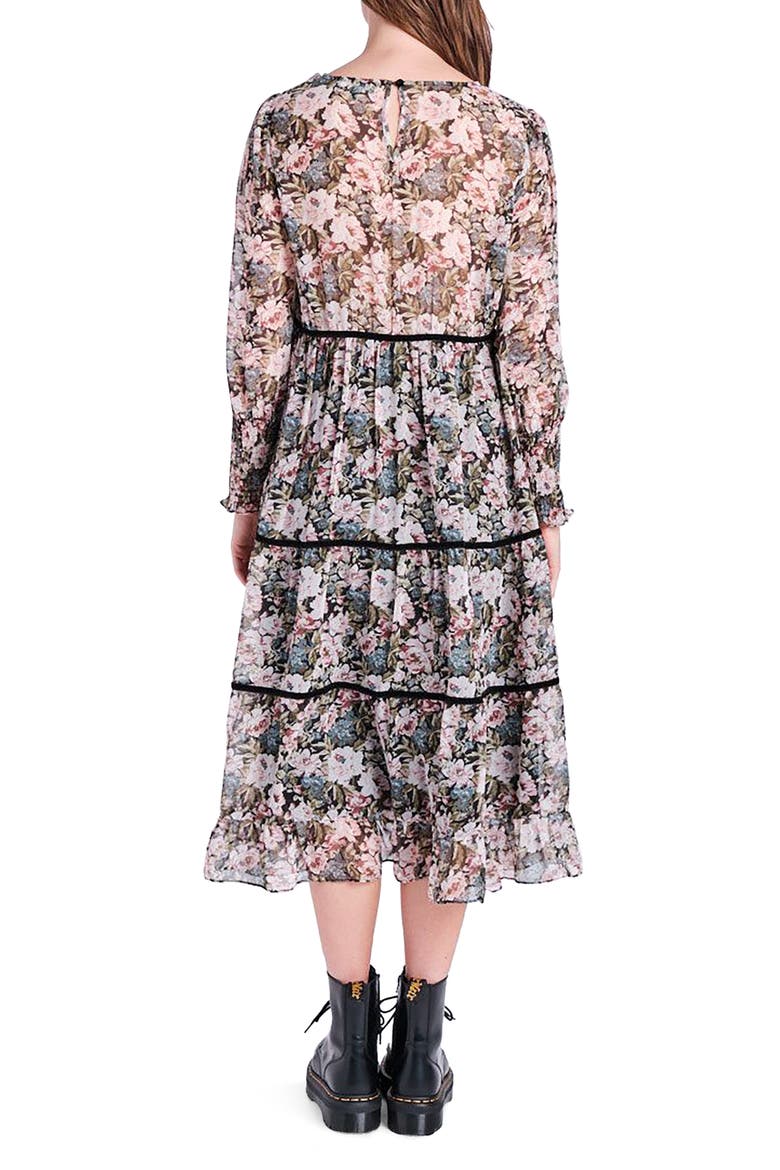 Floral Print Midi Dress, Alternate, color, BLACK