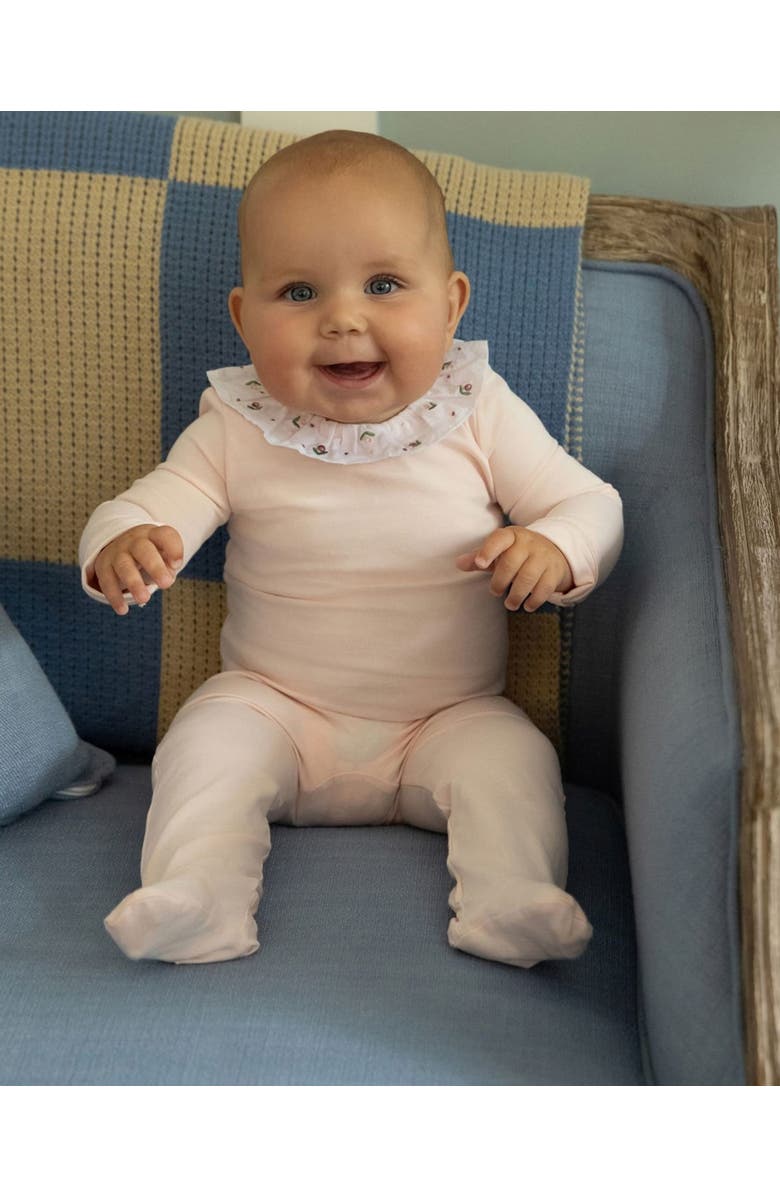 MiniMoi Embroidered Flower Ruffle-Collar Cotton Rich Footie, Alternate, color, Soft Pink