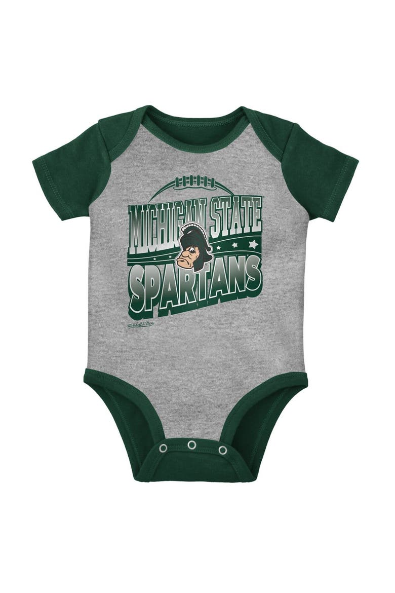 Infant Mitchell & Ness Green/Heather Gray Michigan State Spartans 3-Pack Bodysuit, Bib and Bootie Set, Alternate, color, Green