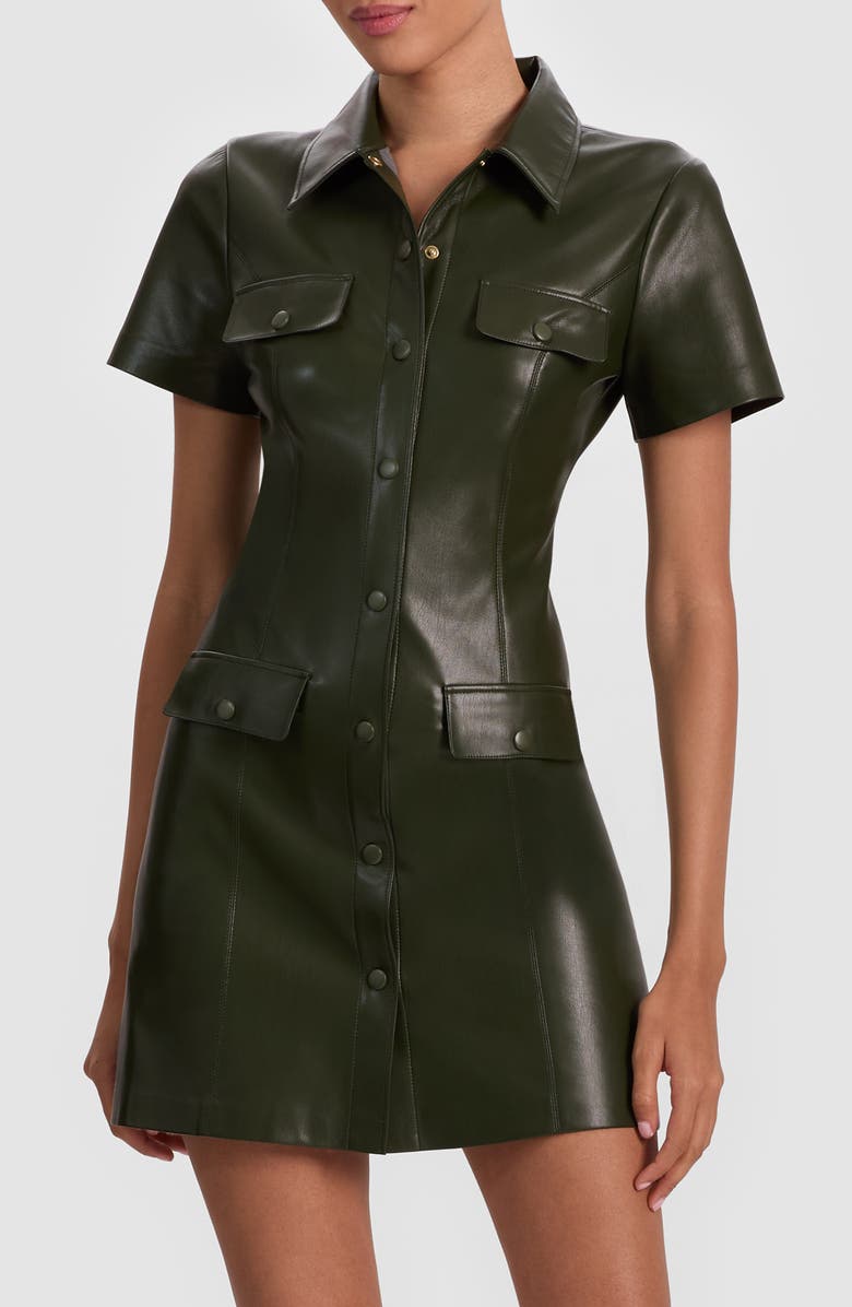 Alice + Olivia Jamie Faux Leather Mini Shirtdress, Main, color, Dark Olive
