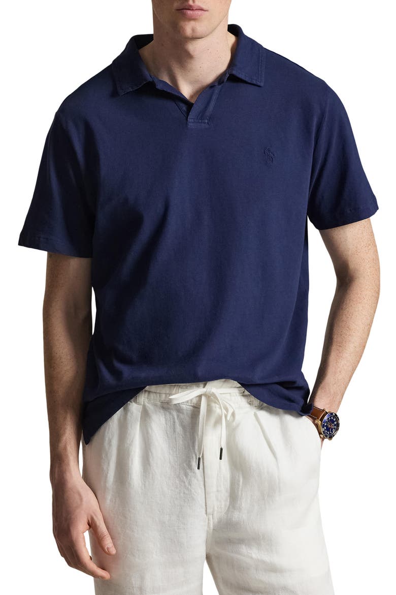 Johnny Collar Cotton & Linen Pocket Polo, Main, color, NEWPORT NAVY