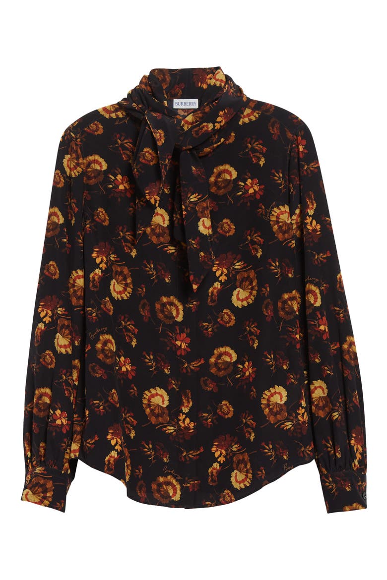 Lina Floral Print Tie Neck Silk Shirt, Alternate, color, CRIMSON RED