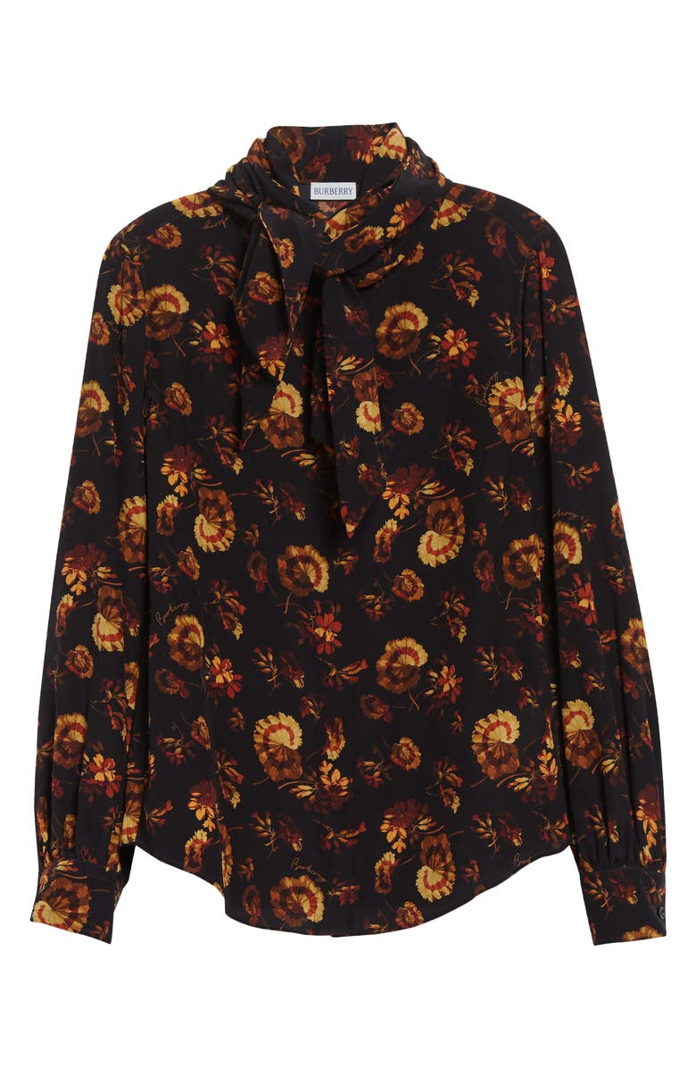Burberry Lina Floral Print Tie Neck Silk Shirt, Alternate, color, Crimson Red