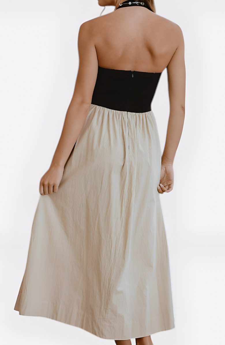Modenaire Two-Tone Halter Maxi Dress with Fitted Bodice and Gathered Skirt, Alternate, color,