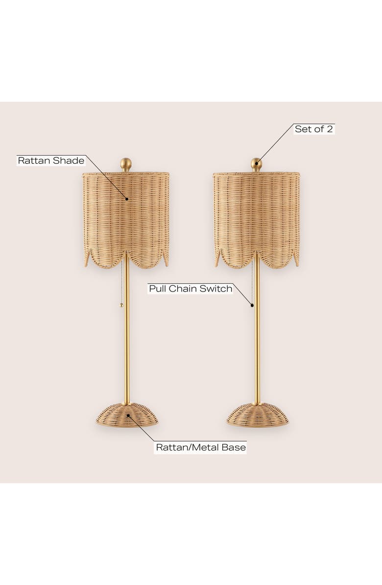 JONATHAN Y Celerie 27.5" Coastal Bohemian Rattan/Iron Scalloped Buffet LED Table Lamp with Pull Chain, Alternate, color, Natural/Brass Gold