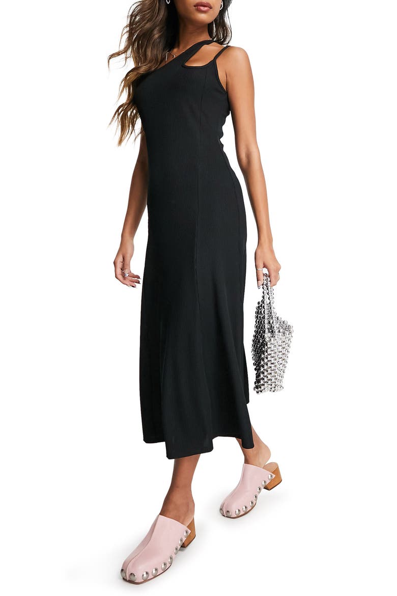 One-Shoulder Ribbed Midi Dress, Main, color, BLACK