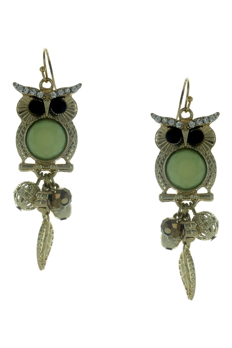 Guin Dangle Owl Drop Earrings, Main, color, GOLD / GREEN