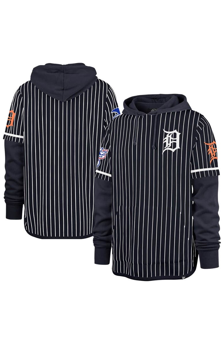 '47 Men's '47  Navy Detroit Tigers Pinstripe Double Header Pullover Hoodie, Alternate, color, 