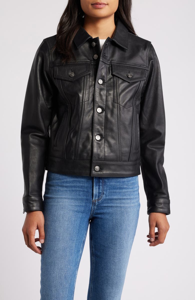 Schott NYC Leather Trucker Jacket, Main, color, Black