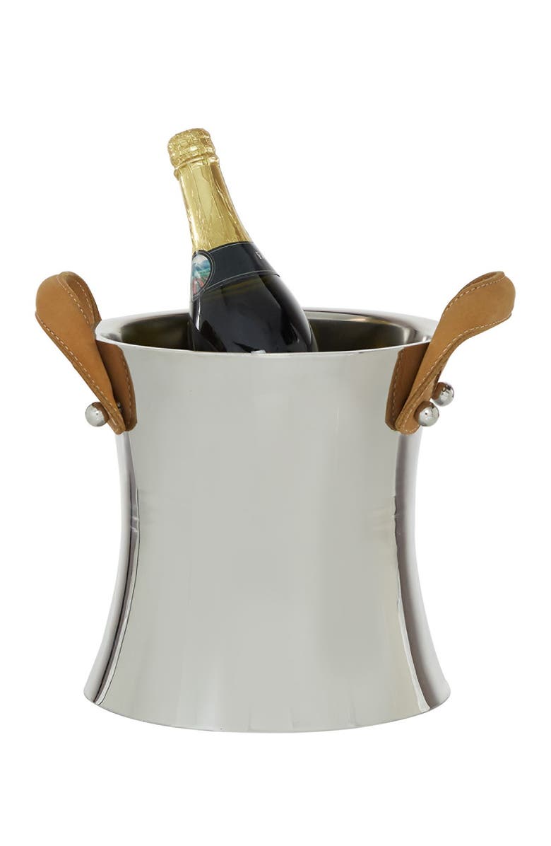 WILLOW ROW Single Bottle Ice Bucket with Leather Strap HandlesChampagneSilver Stainless Steel, Alternate, color,