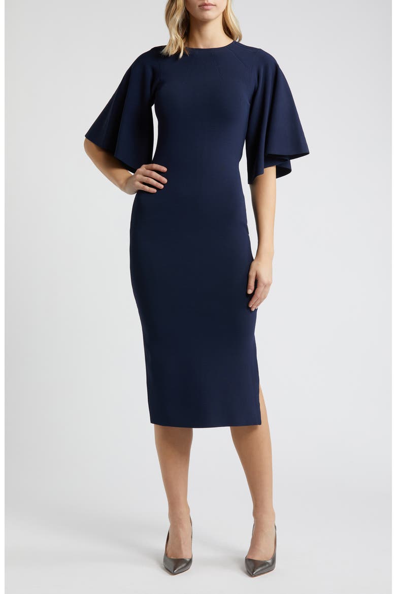 Lounia Fluted Sleeve Body-Con Sweater Dress, Main, color, NAVY