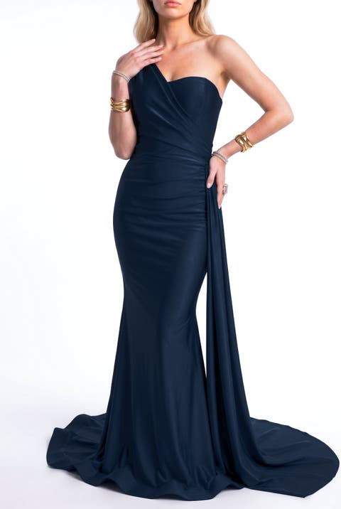 One-Shoulder Draped Satin Mermaid Gown With Side Cascade