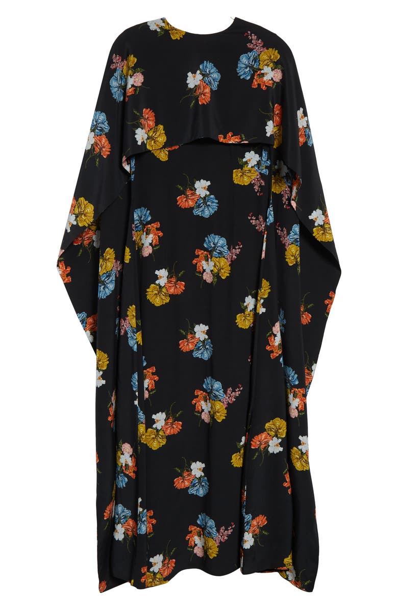 Emilia Wickstead Alphonse Floral Silk Crêpe de Chine Cape Dress, Alternate, color, Retro Bouquet On Black