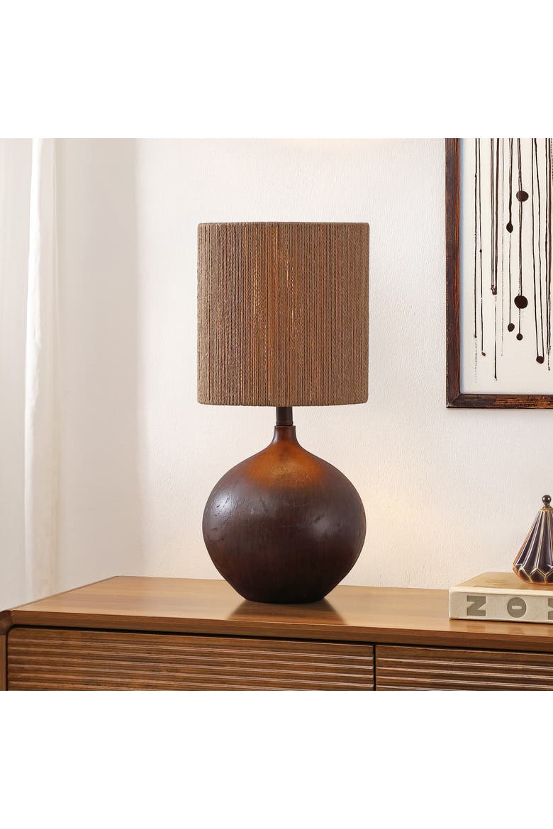 Abram Bohemian Resin/Metal Round Table Lamp with Paper Rope Shade, Alternate, color, Dark Brown Wood Finish