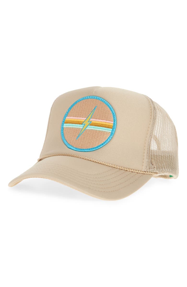 Friday Feelin’ Embroidered Patch Trucker Hat, Main, color, Tan