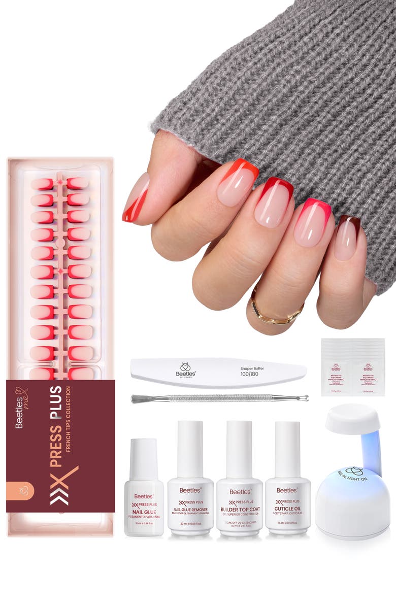 Beetles Red French Tip Press On Nail Studio Kit Short Square, Alternate, color, Christmas Classic Red