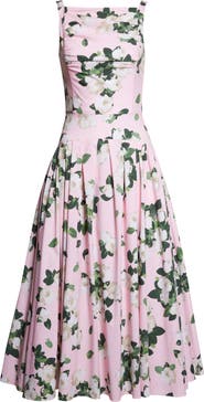 Carolina Herrera Rose Print Bateau Neck Midi Dress