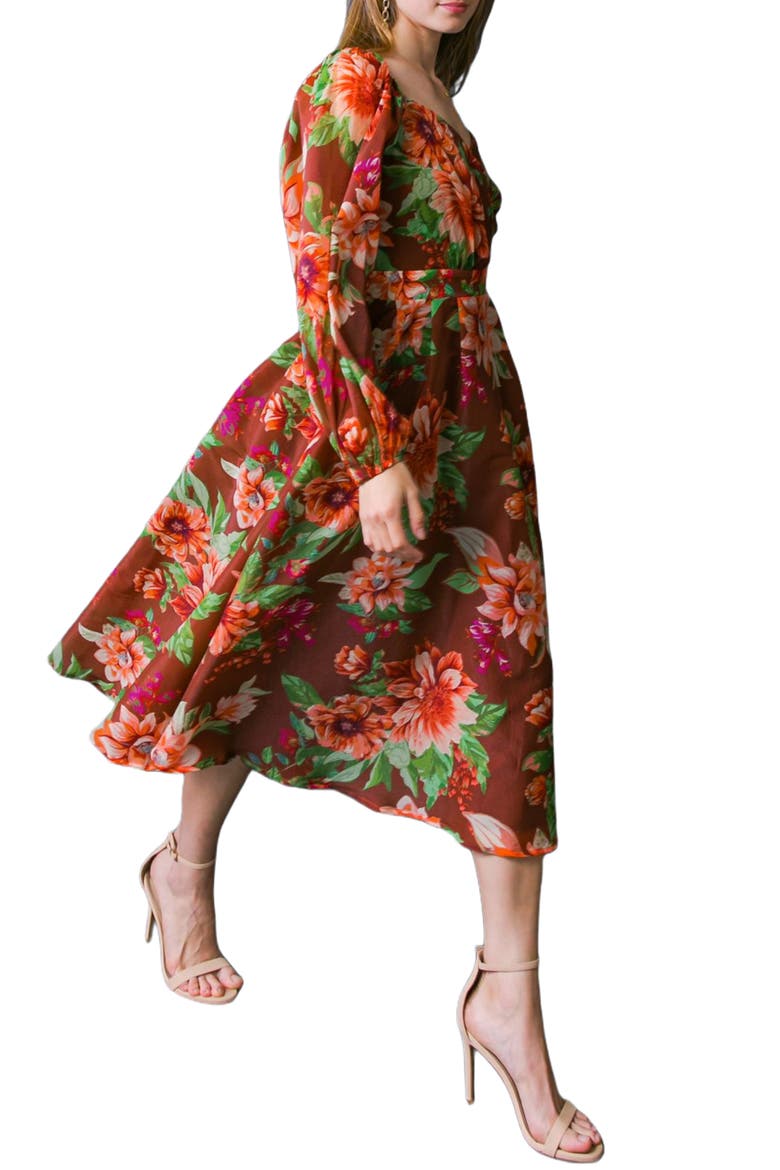 Floral Long Sleeve Midi Dress, Alternate, color, BROWN