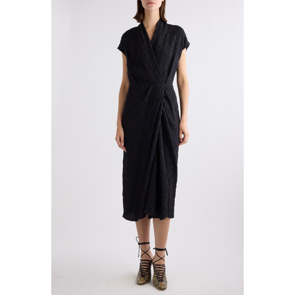 Dries Van Noten Crinkle Texture Faux Wrap Midi Dress In Black