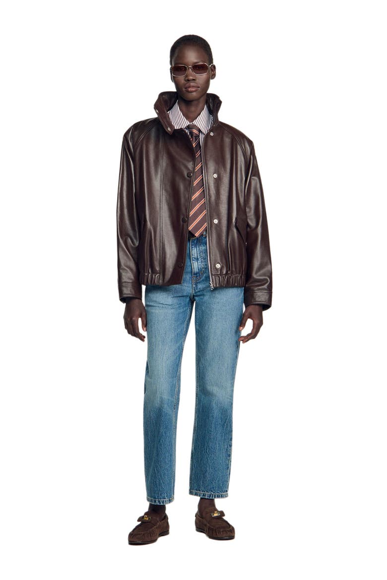 Oversized leather jacket, Alternate, color, Brown