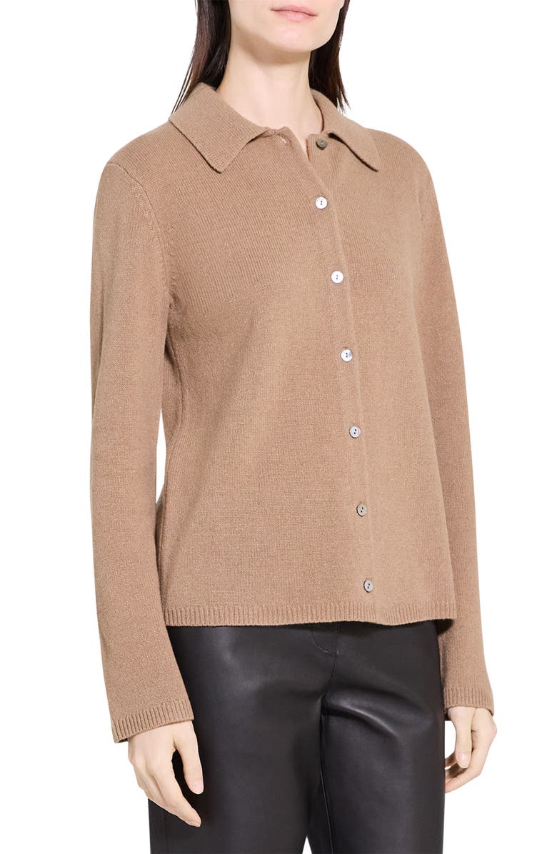 Theory Collar Cashmere & Wool Rib Cardigan, Alternate, color, Camel