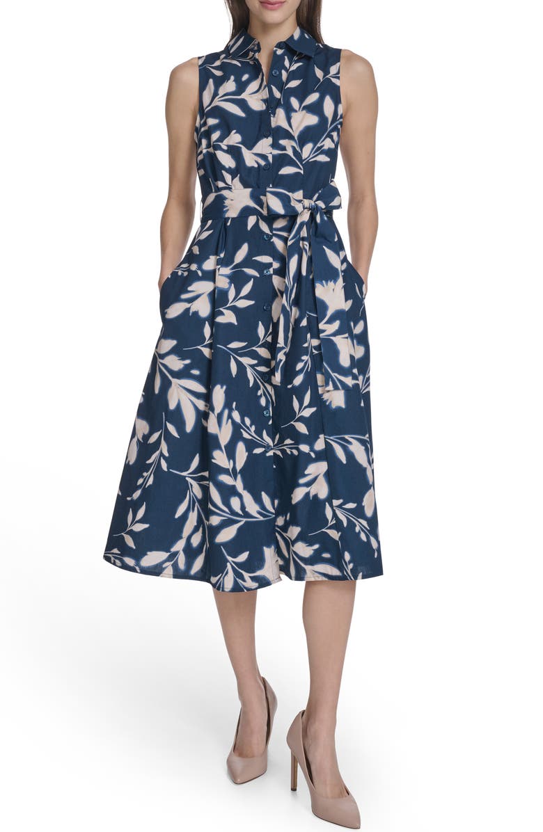 Calvin Klein Sleeveless Cotton Shirtdress, Main, color, Indigo/ Cashew