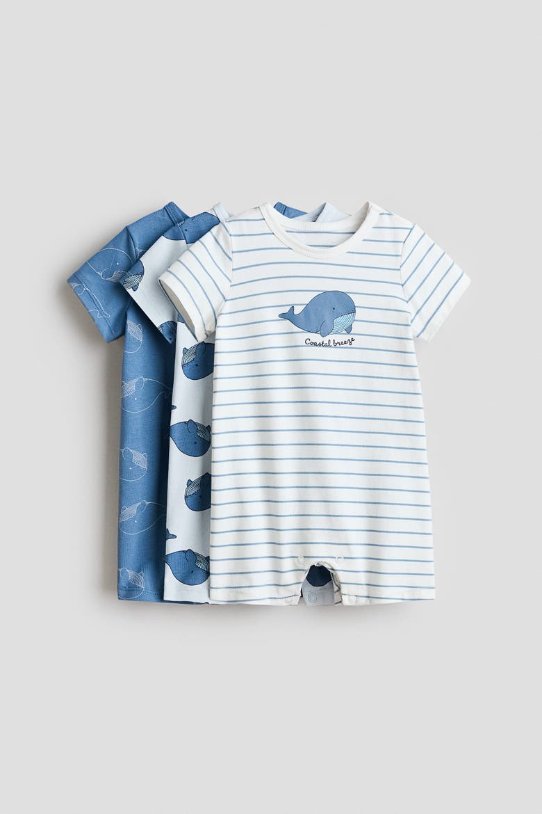 3-pack Short Pajama Jumpsuits, Main, color, Dusty blue/whales
