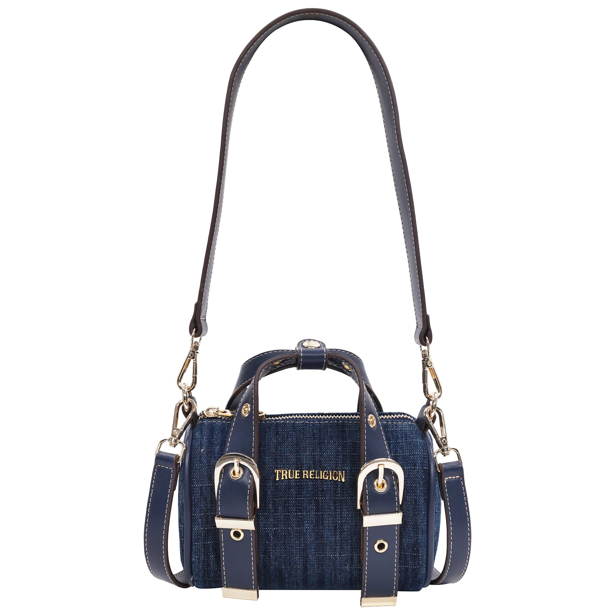 True Religion Denim Buckle Strap Mini Satchel, Main, color, Dark Denim