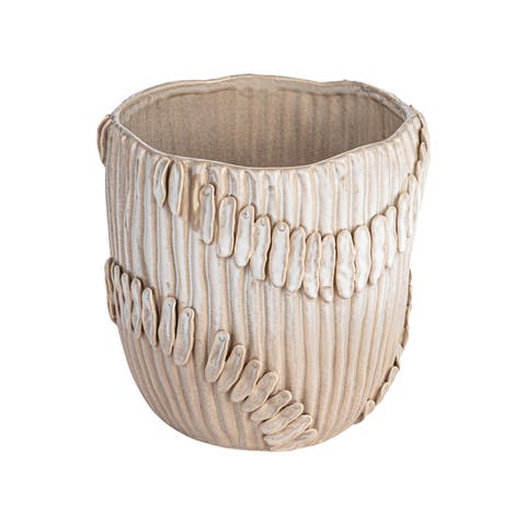 Handmade Stoneware Pleated Vase with Pattern