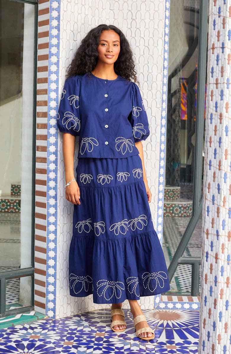 Karen Kane Embroidered Tiered Cotton Midi Skirt, Alternate, color,