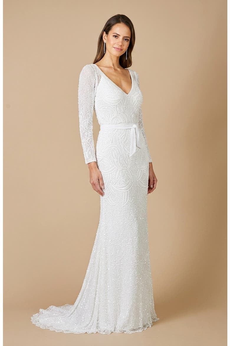 Grant Long Sleeve Beaded Wedding Dress, Alternate, color, Ivory