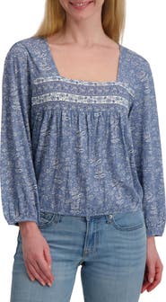 Lucky Brand Floral Long Sleever Bubble Hem Cotton Top