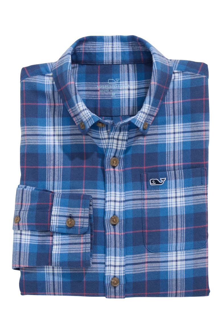 Kids' Muskeget Plaid Cotton Flannel Button-Down Shirt, Main, color, TIDE BLUE